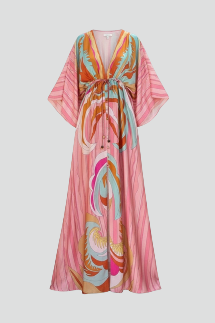 Simone | Printed Pink V-Neck Belted Breathable Maxi Dress