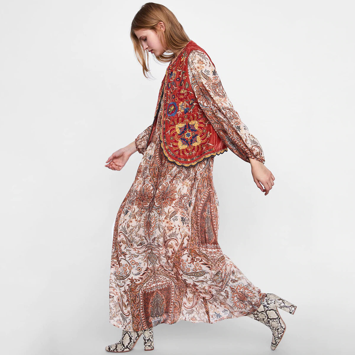 Lena | Women’s Boho Red Floral Open Front Vest Design