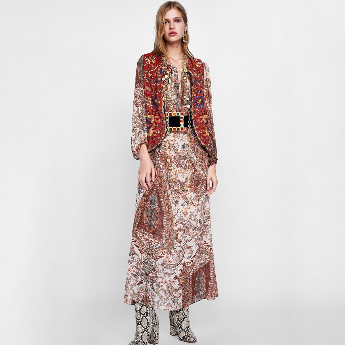 Lena | Women’s Boho Red Floral Open Front Vest Design