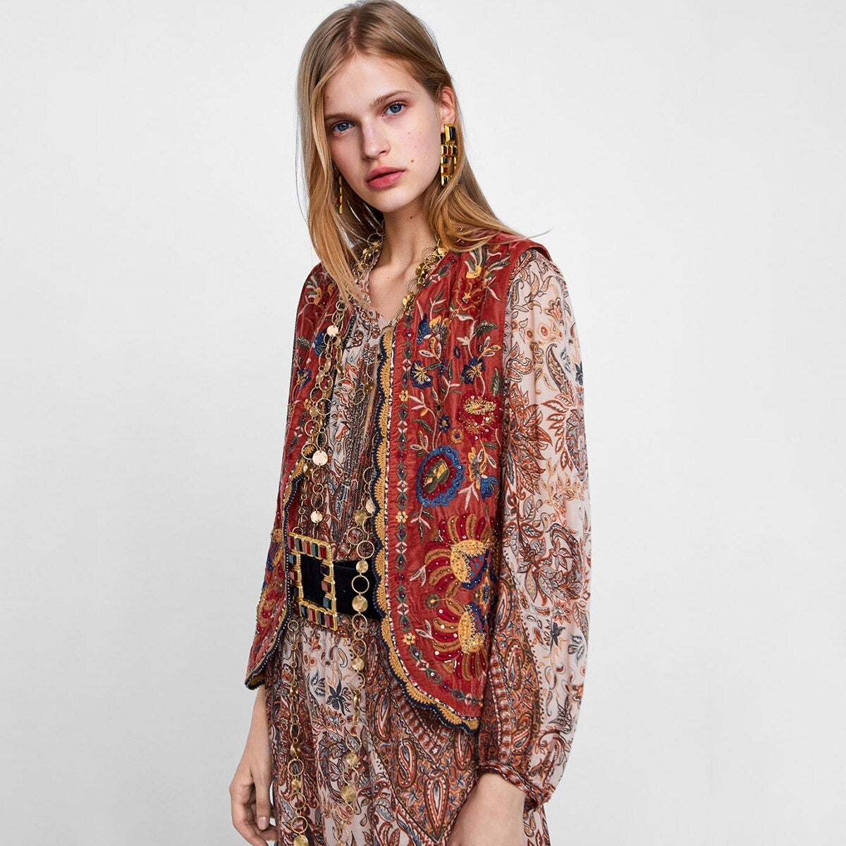 Lena | Women’s Boho Red Floral Open Front Vest Design