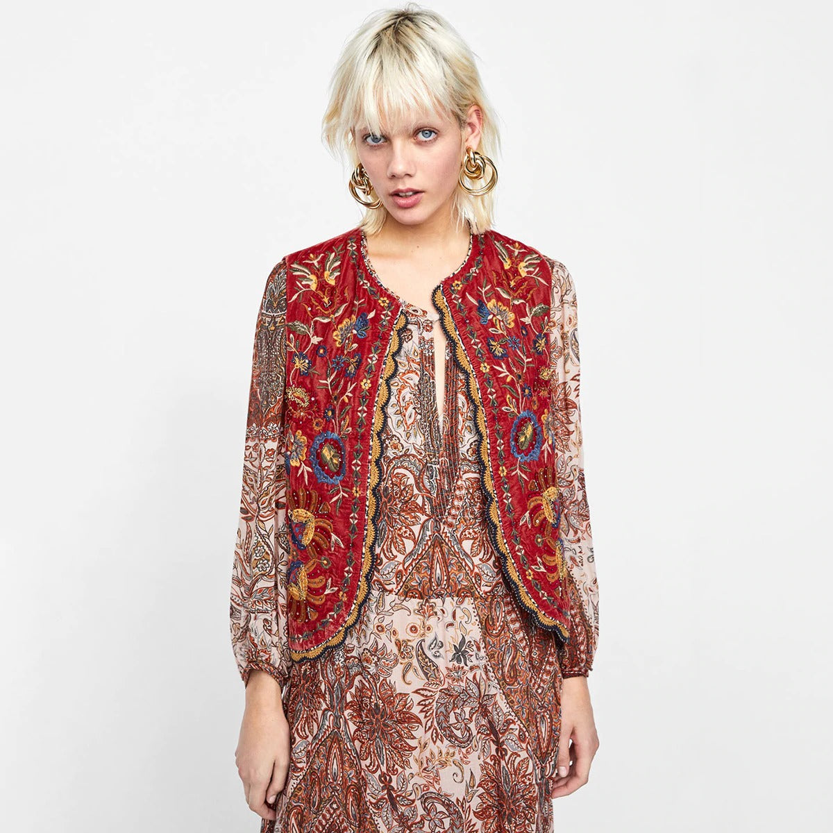 Lena | Women’s Boho Red Floral Open Front Vest Design