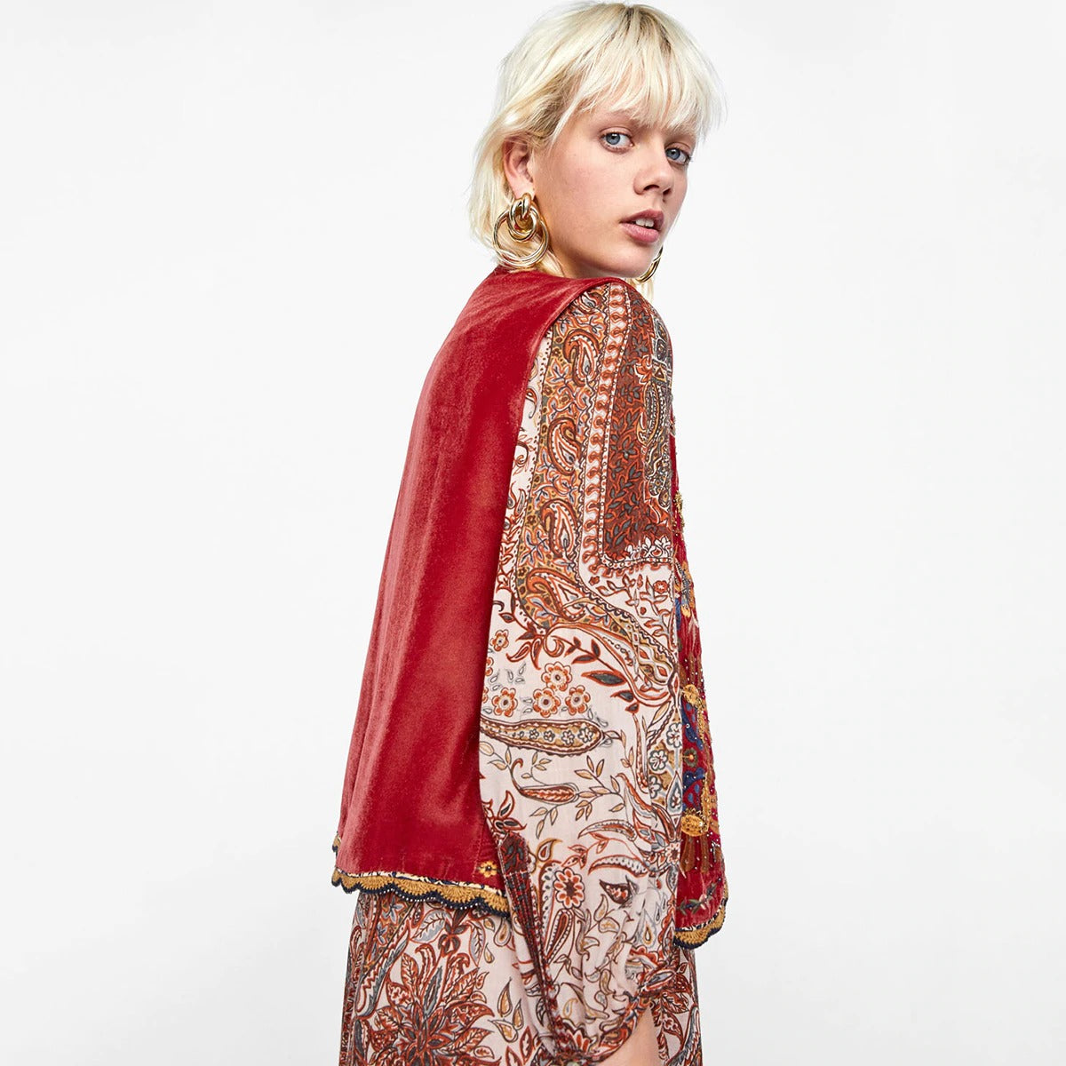 Lena | Women’s Boho Red Floral Open Front Vest Design