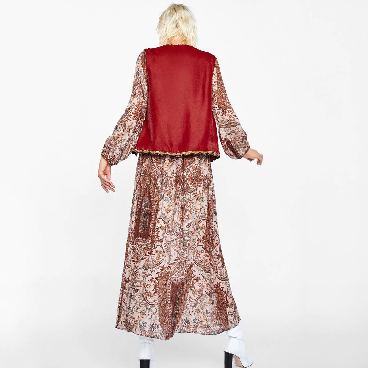 Lena | Women’s Boho Red Floral Open Front Vest Design