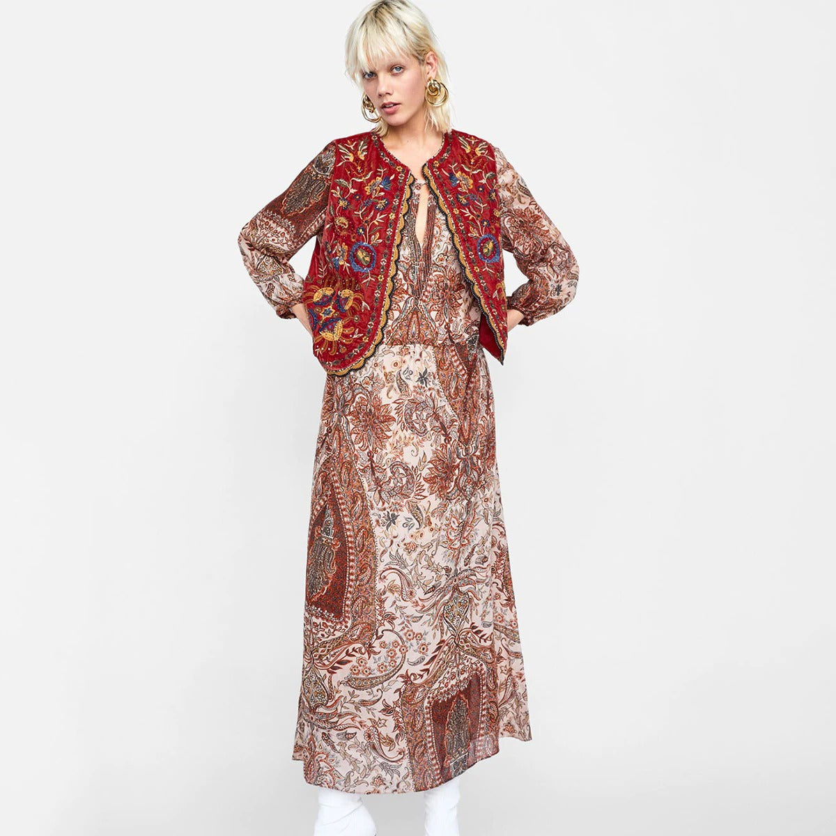 Lena | Women’s Boho Red Floral Open Front Vest Design