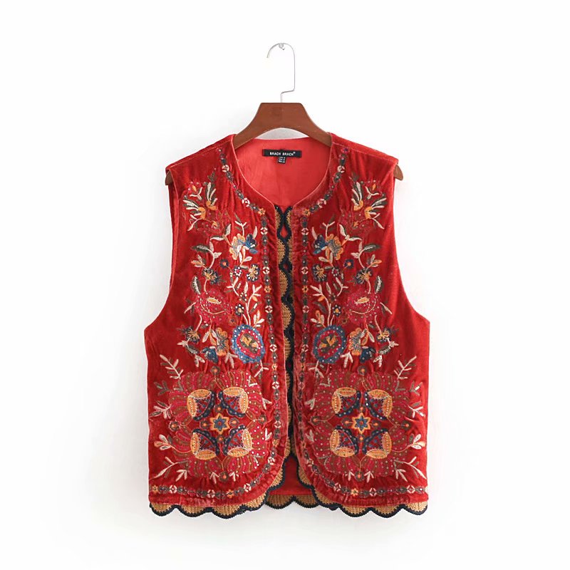 Lena | Women’s Boho Red Floral Open Front Vest Design