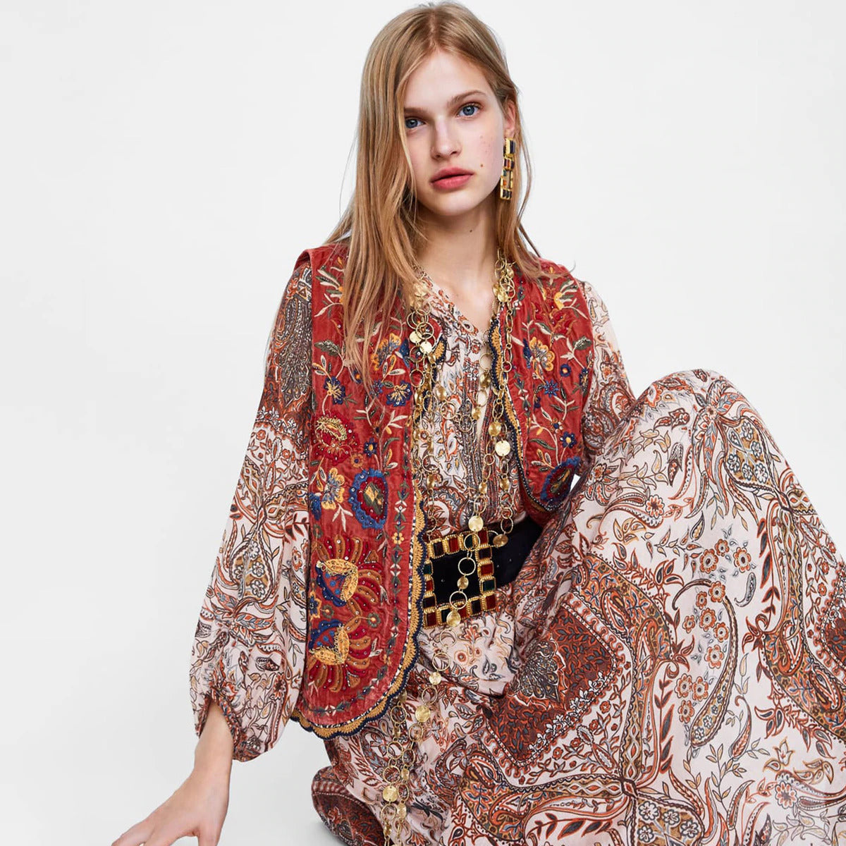 Lena | Women’s Boho Red Floral Open Front Vest Design