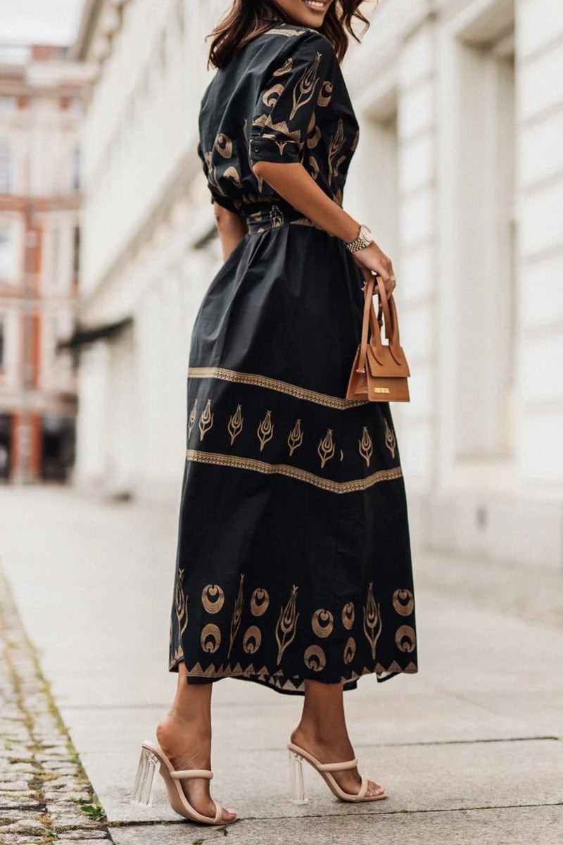 Lauren | Boho Printed Belted Sun Long Sleeve Midi Dress
