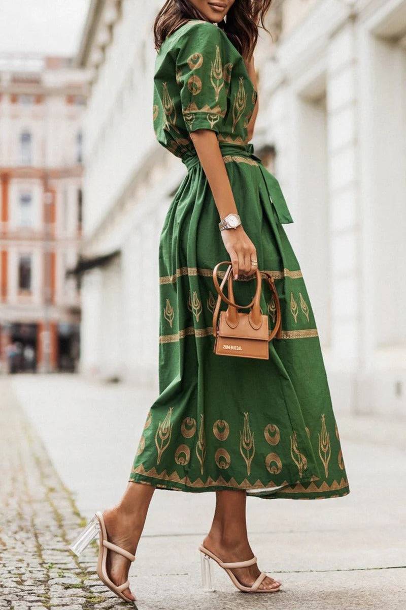 Lauren | Boho Printed Belted Sun Long Sleeve Midi Dress