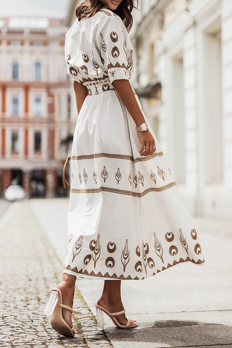 Lauren | Boho Printed Belted Sun Long Sleeve Midi Dress