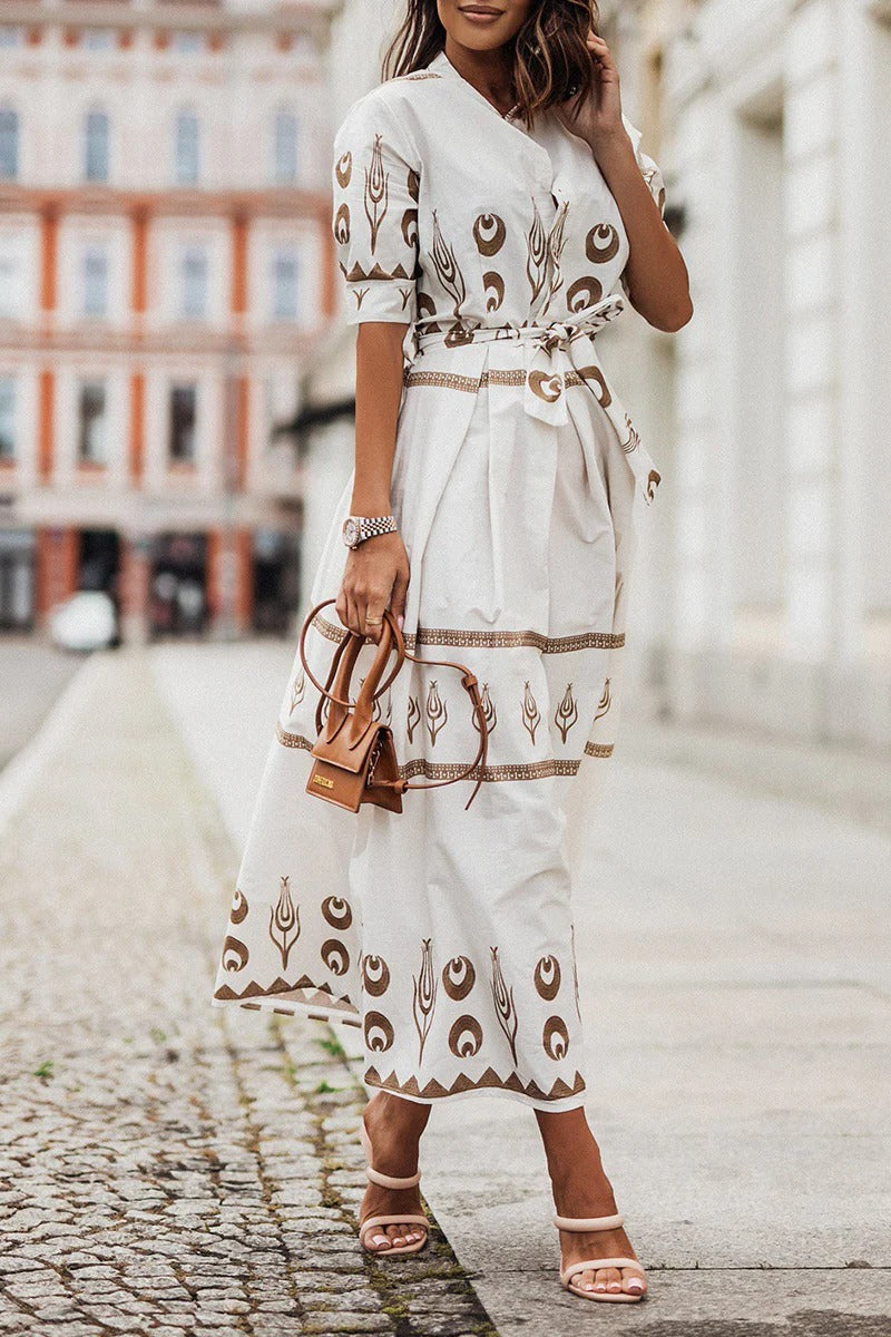 Lauren | Boho Printed Belted Sun Long Sleeve Midi Dress