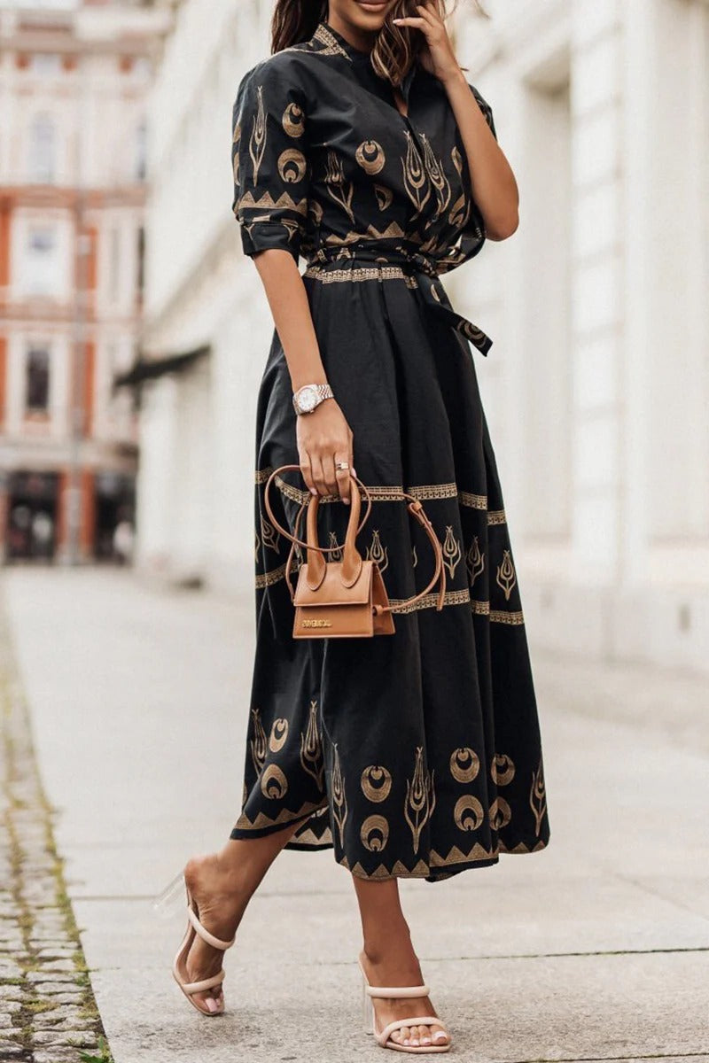 Lauren | Boho Printed Belted Sun Long Sleeve Midi Dress