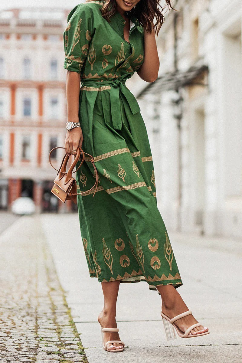 Lauren | Boho Printed Belted Sun Long Sleeve Midi Dress