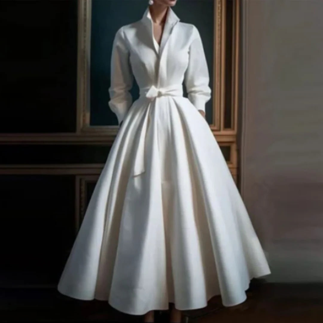 Freya | White Long Sleeve V Wedding Guest Neck A Line Midi Dress