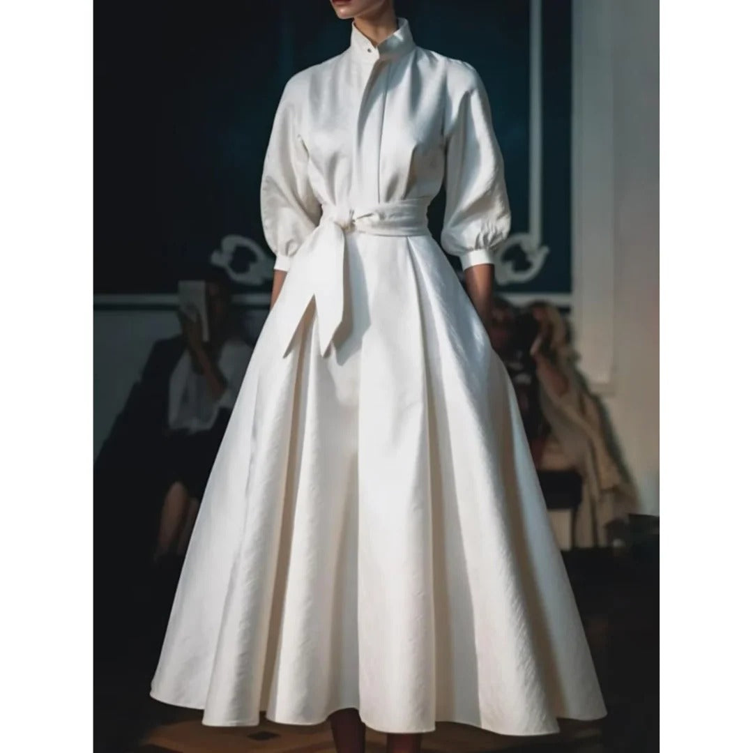 Freya | White Long Sleeve V Wedding Guest Neck A Line Midi Dress