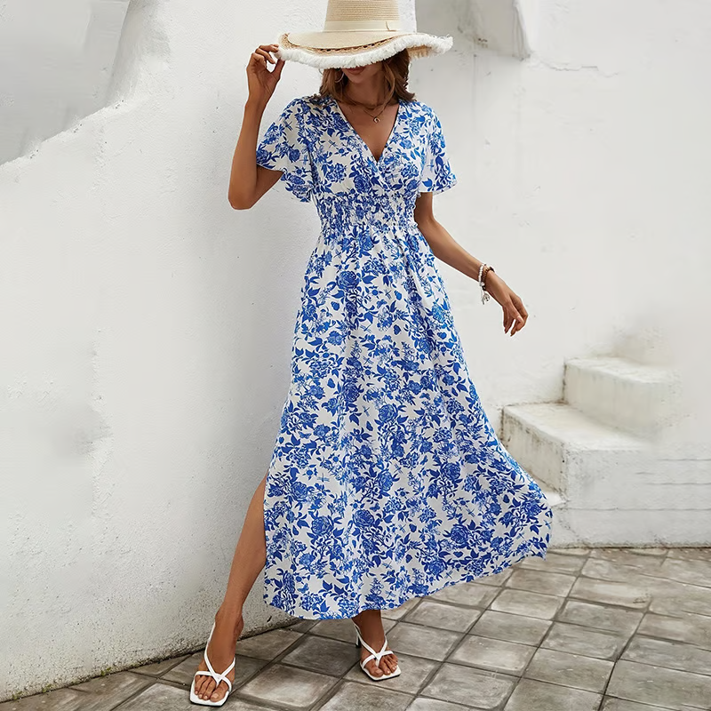 Naomi | Blue Boho Printed V Neck Short Sleeve Maxi Sun Dress