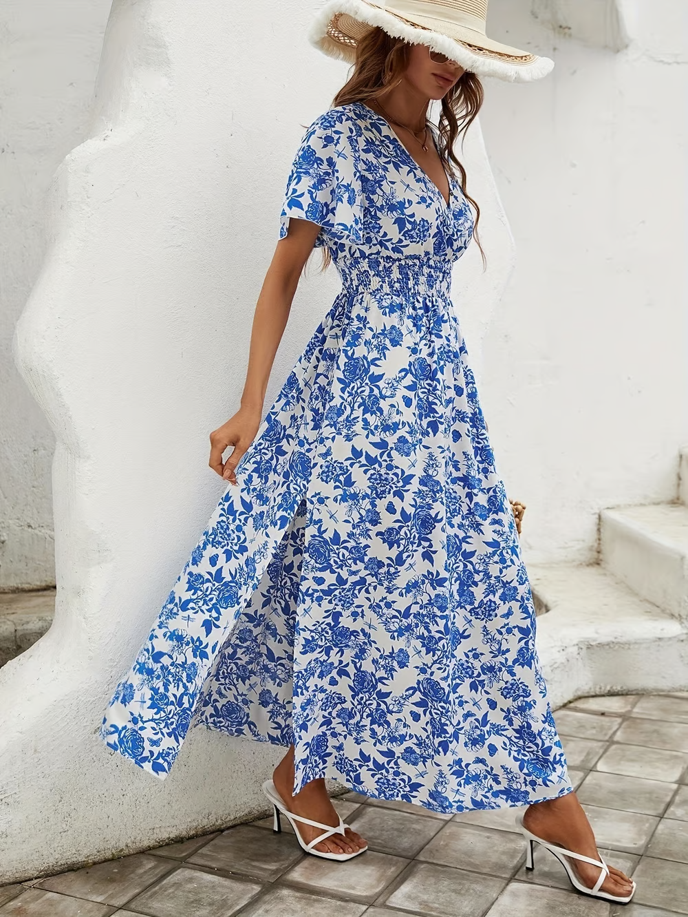 Naomi | Blue Boho Printed V Neck Short Sleeve Maxi Sun Dress