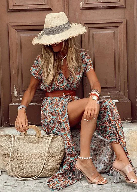 Lilia | Boho Printed Short Sleeve Maxi Dress