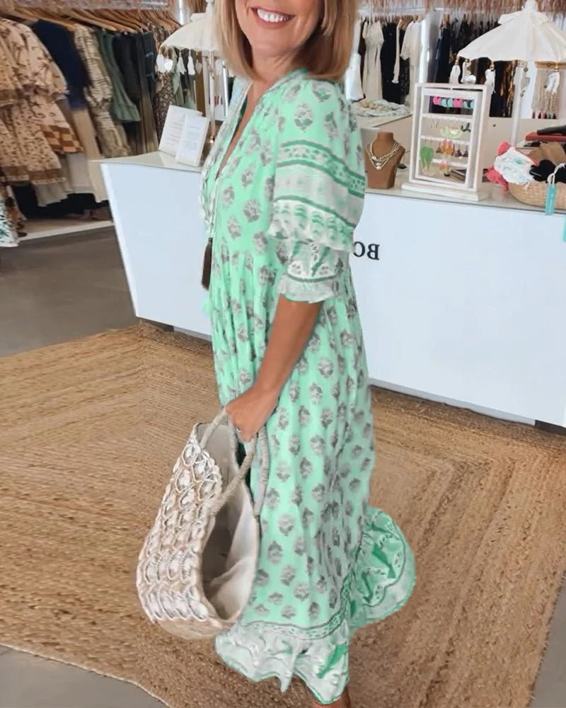 Yasmin | Printed Beach Tassel Tie Midi Dress