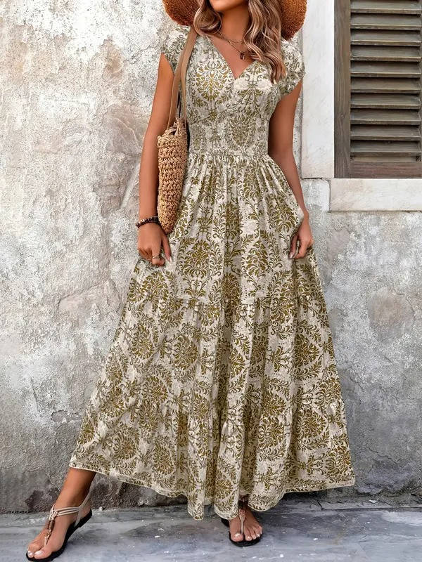 Flora | Boho Patterned Sleeveless Sun Beach V Neck Maxi Dress