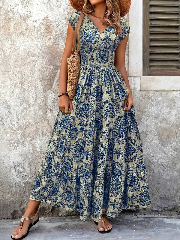 Flora | Boho Patterned Sleeveless Sun Beach V Neck Maxi Dress