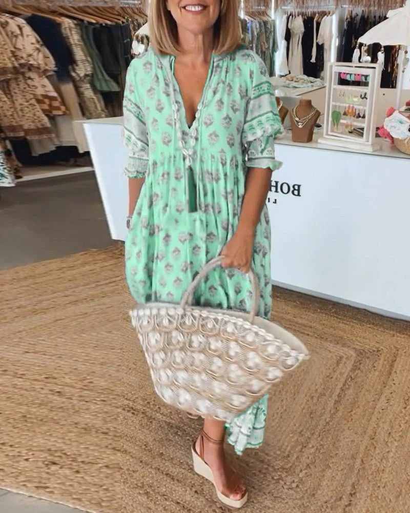 Yasmin | Printed Beach Tassel Tie Midi Dress