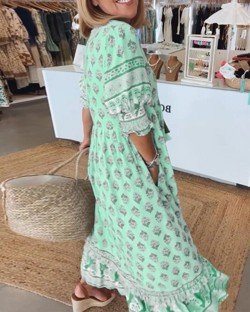 Yasmin | Printed Beach Tassel Tie Midi Dress