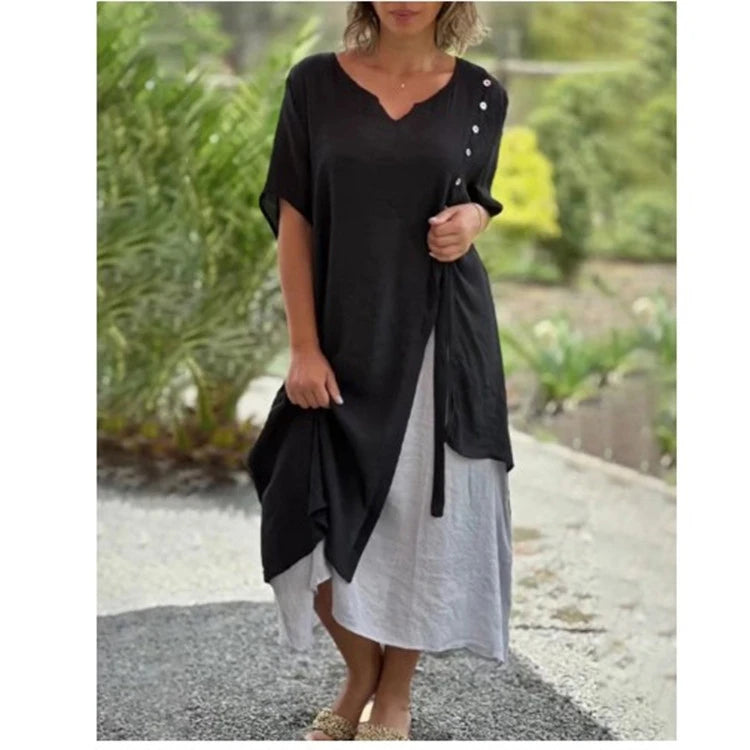Lindsay | Women's Layered Midi Dress Short Sleeve V-Neck
