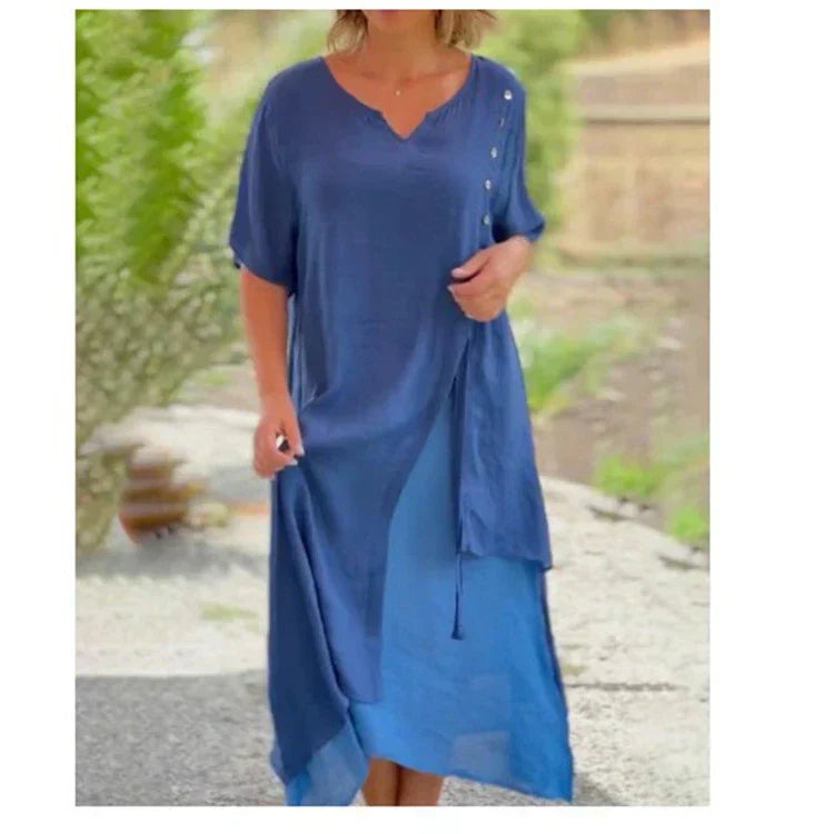 Lindsay | Women's Layered Midi Dress Short Sleeve V-Neck