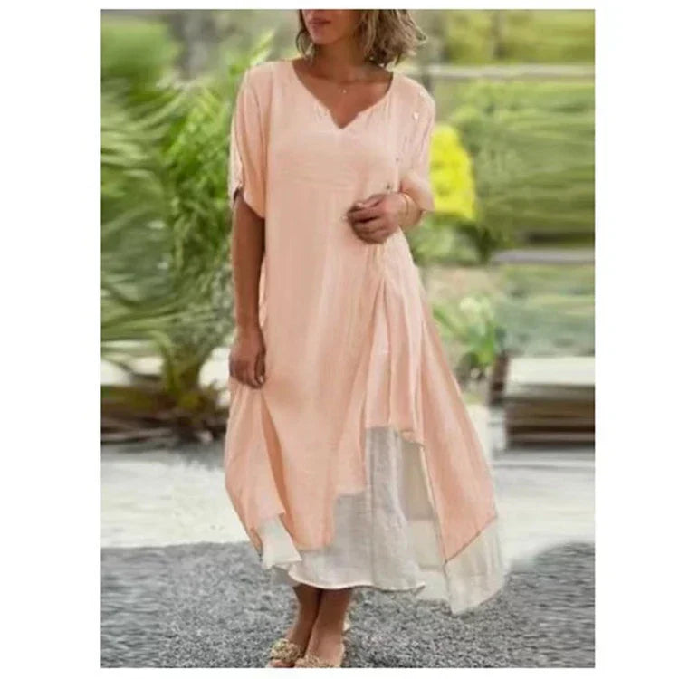 Lindsay | Women's Layered Midi Dress Short Sleeve V-Neck