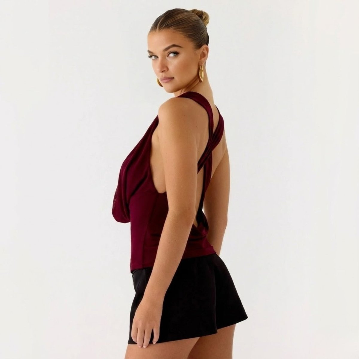 Evie | Women's White Deep Cowl Neck Sleeveless Bodysuit Top