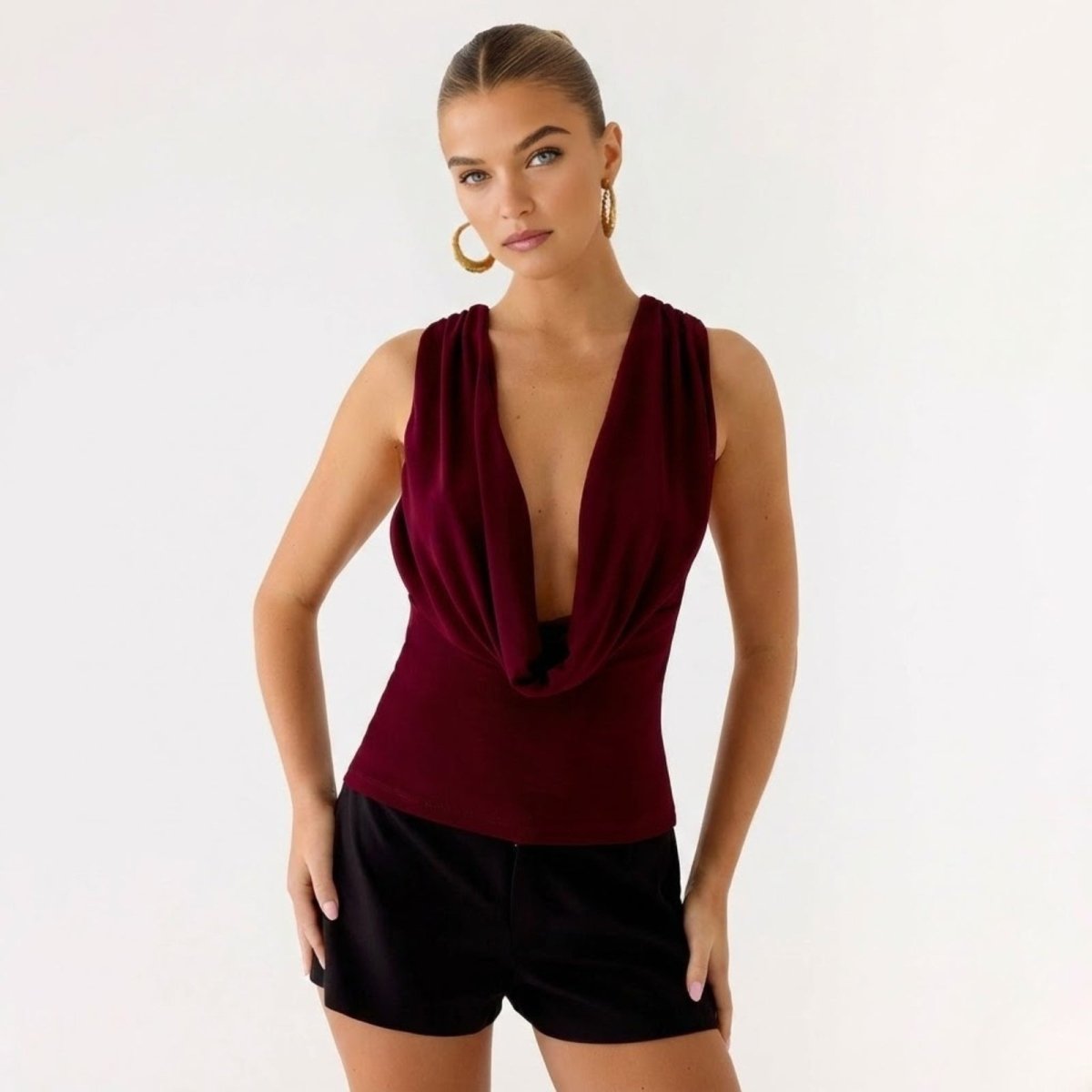 Evie | Women's White Deep Cowl Neck Sleeveless Bodysuit Top