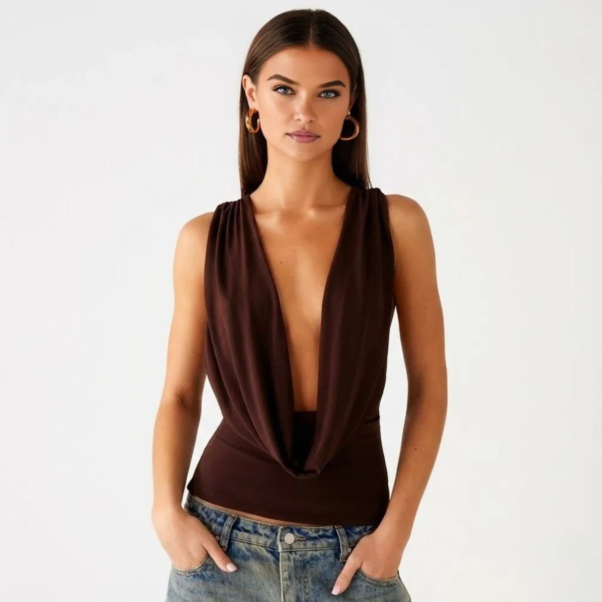 Evie | Women's White Deep Cowl Neck Sleeveless Bodysuit Top