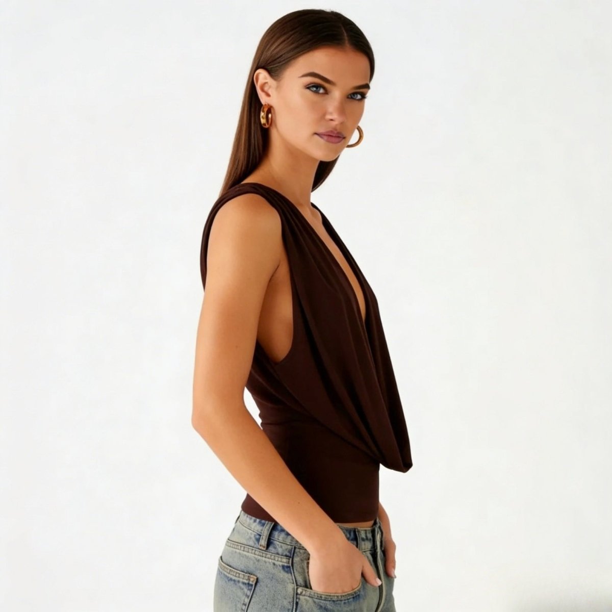 Evie | Women's White Deep Cowl Neck Sleeveless Bodysuit Top