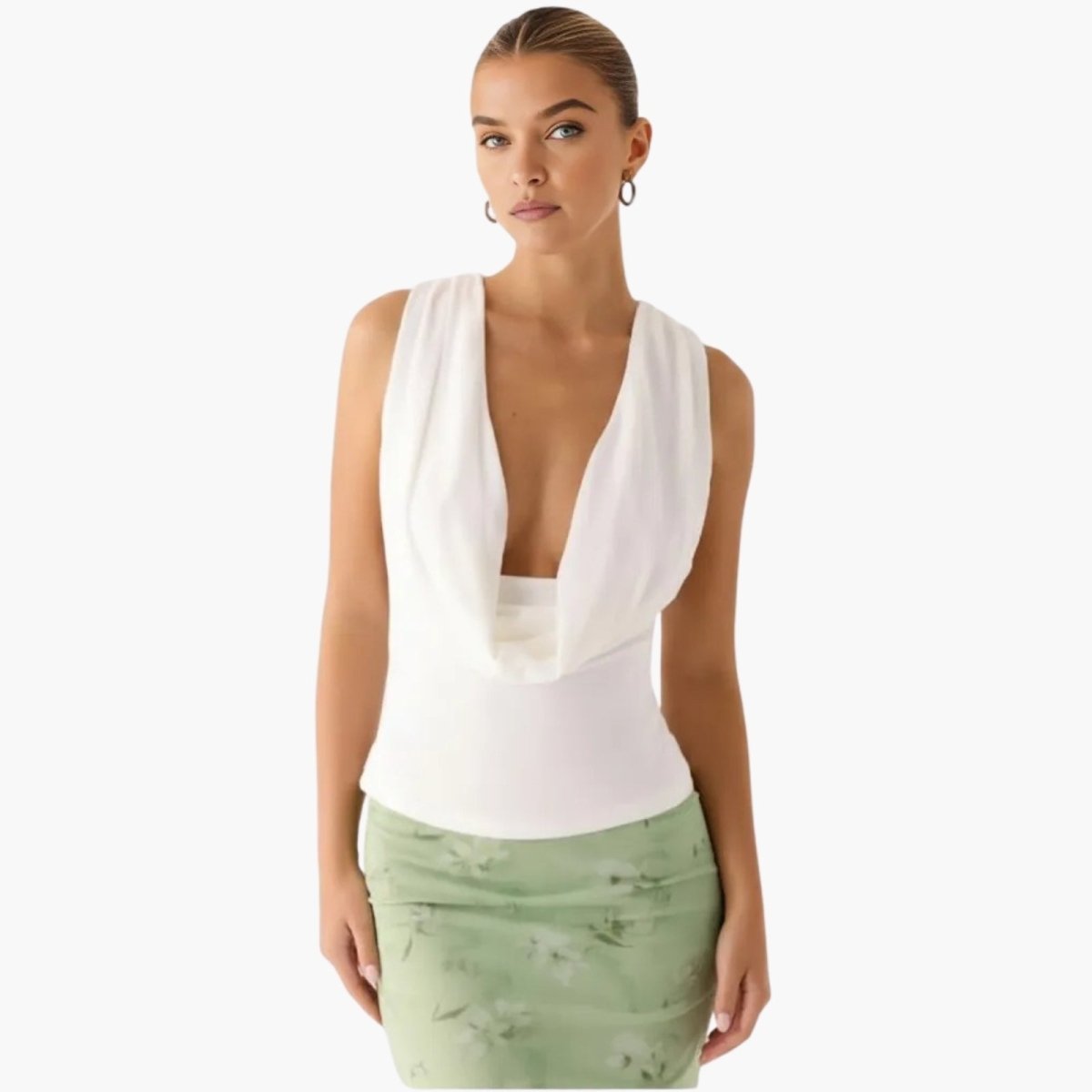 Evie | Women's White Deep Cowl Neck Sleeveless Bodysuit Top