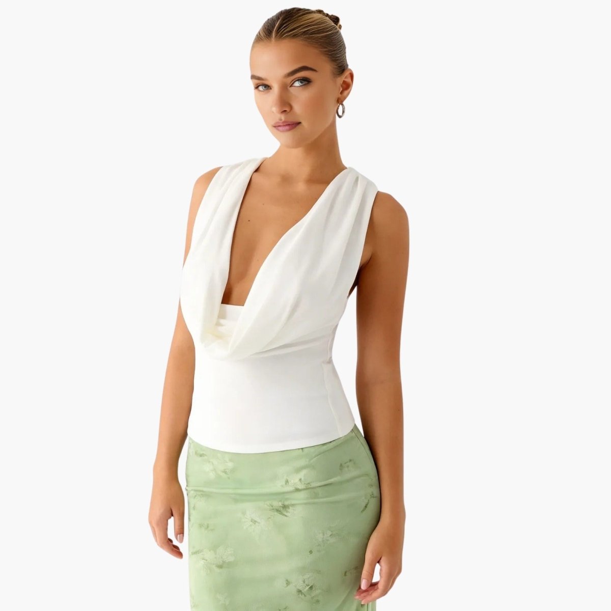 Evie | Women's White Deep Cowl Neck Sleeveless Bodysuit Top