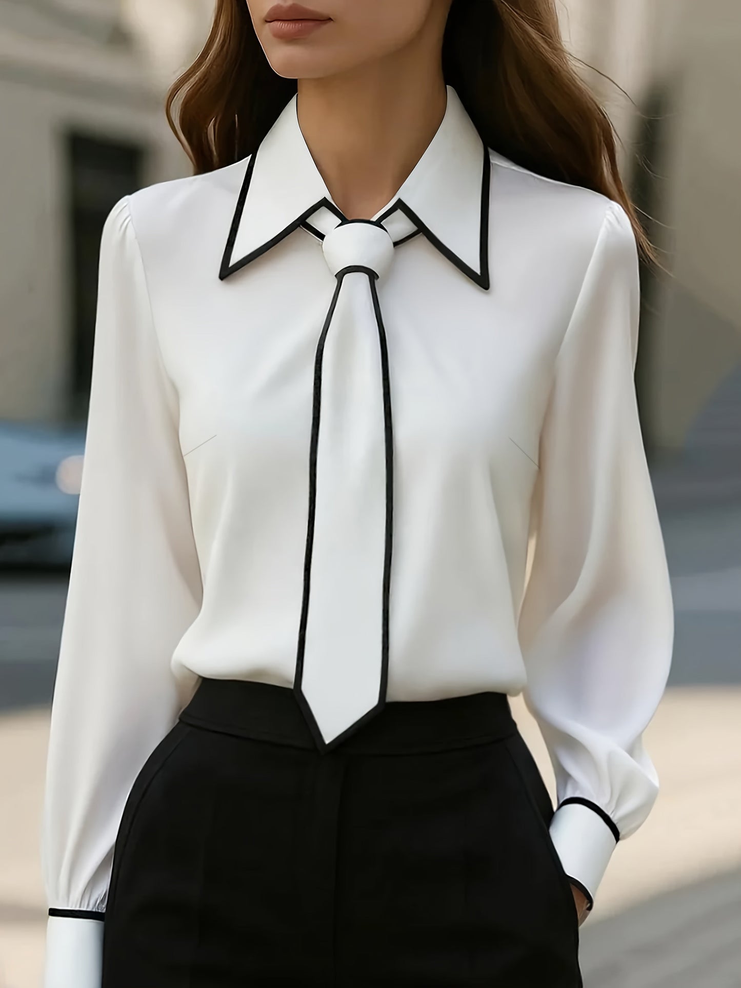 Caitlin | Women's Long Sleeve Tie Neck Blouse Contrast Collar
