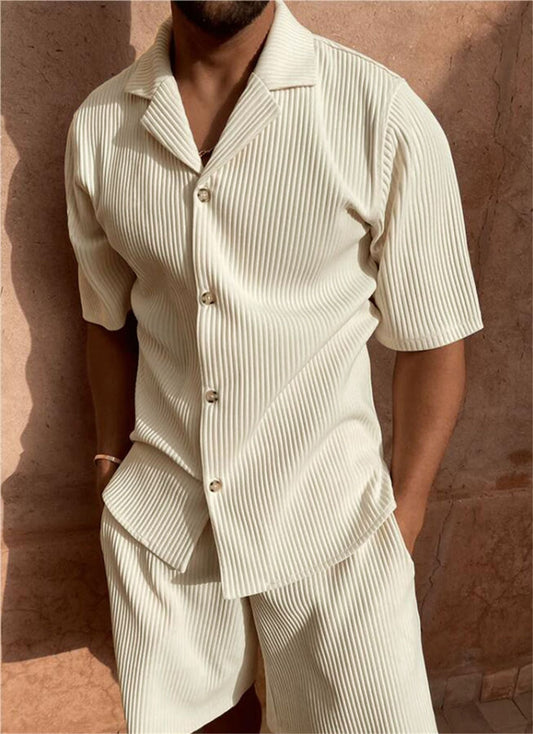 Duncan | Men's Ribbed Button Up Shirt Shorts Set