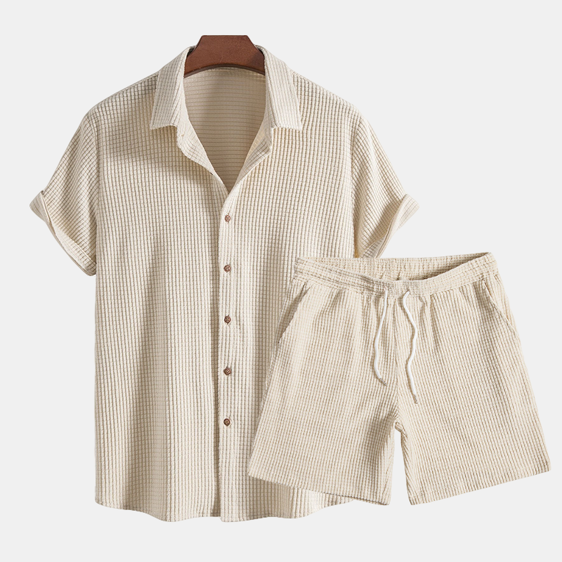 Anton | Beige Green Men's Two Piece Casual Shirt Shorts Set