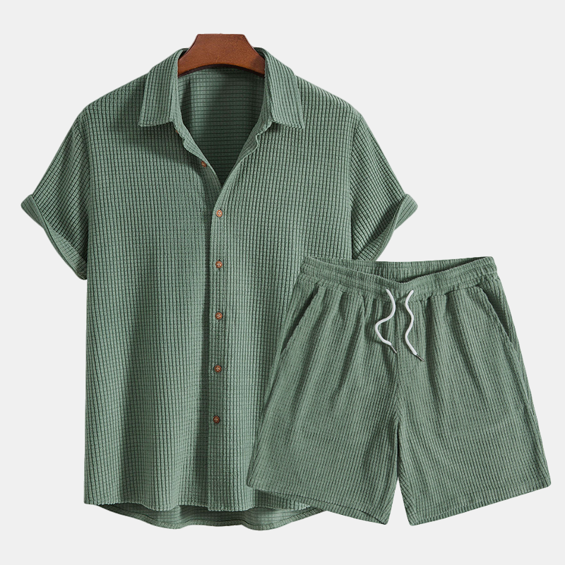 Anton | Beige Green Men's Two Piece Casual Shirt Shorts Set
