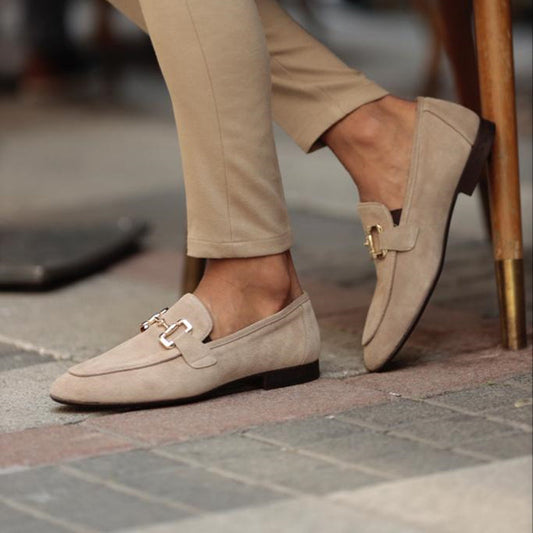 Josh | Beige Black Men's Slip On Metal Detail Loafers
