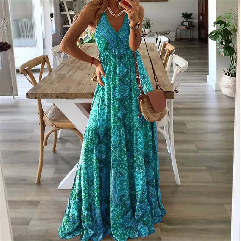 Lisa | Women's V Neck Boho Sun Flowy Draped Maxi Dress