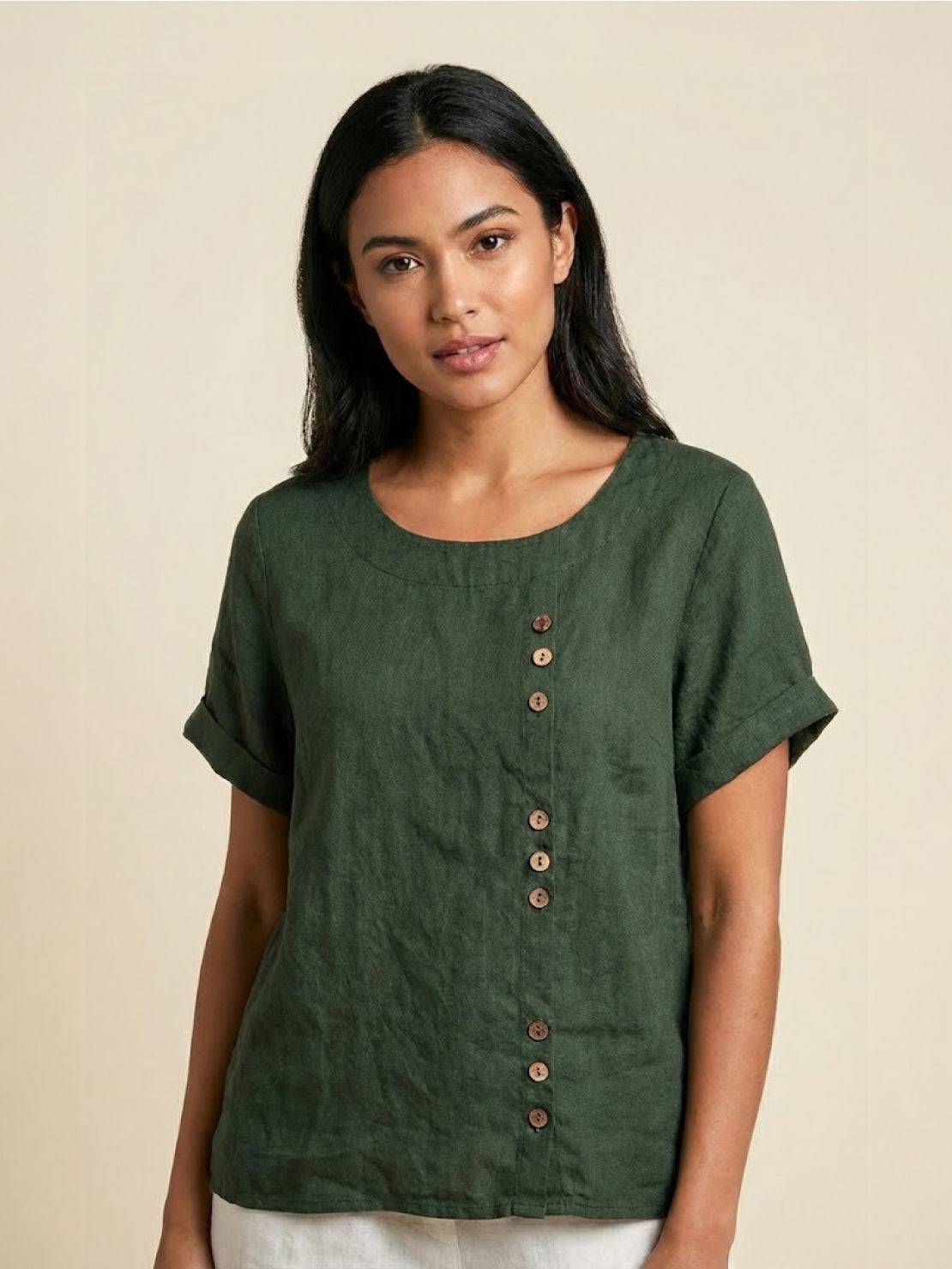 Esme | Women’s Linen Round Neck Button Summer Blouse