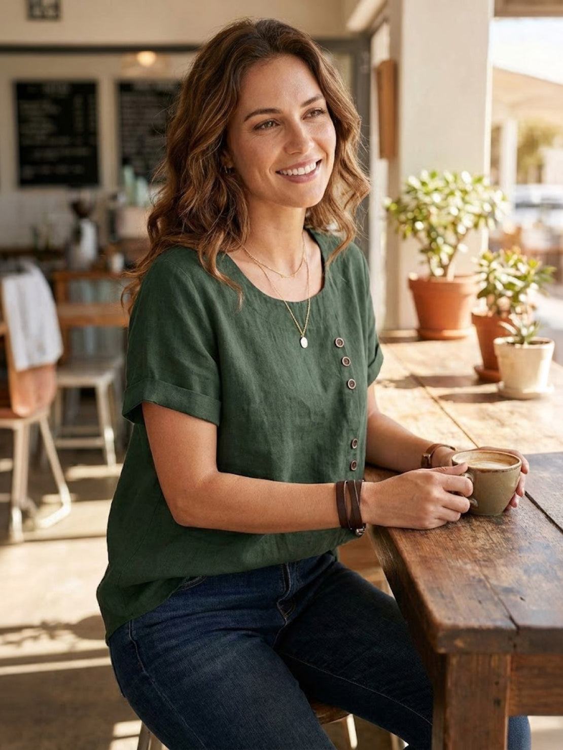 Esme | Women’s Linen Round Neck Button Summer Blouse