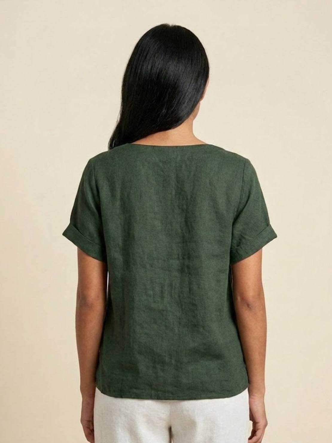 Esme | Women’s Linen Round Neck Button Summer Blouse