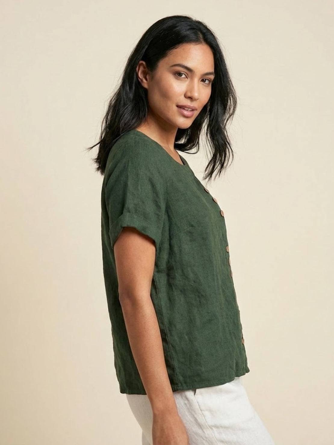 Esme | Women’s Linen Round Neck Button Summer Blouse