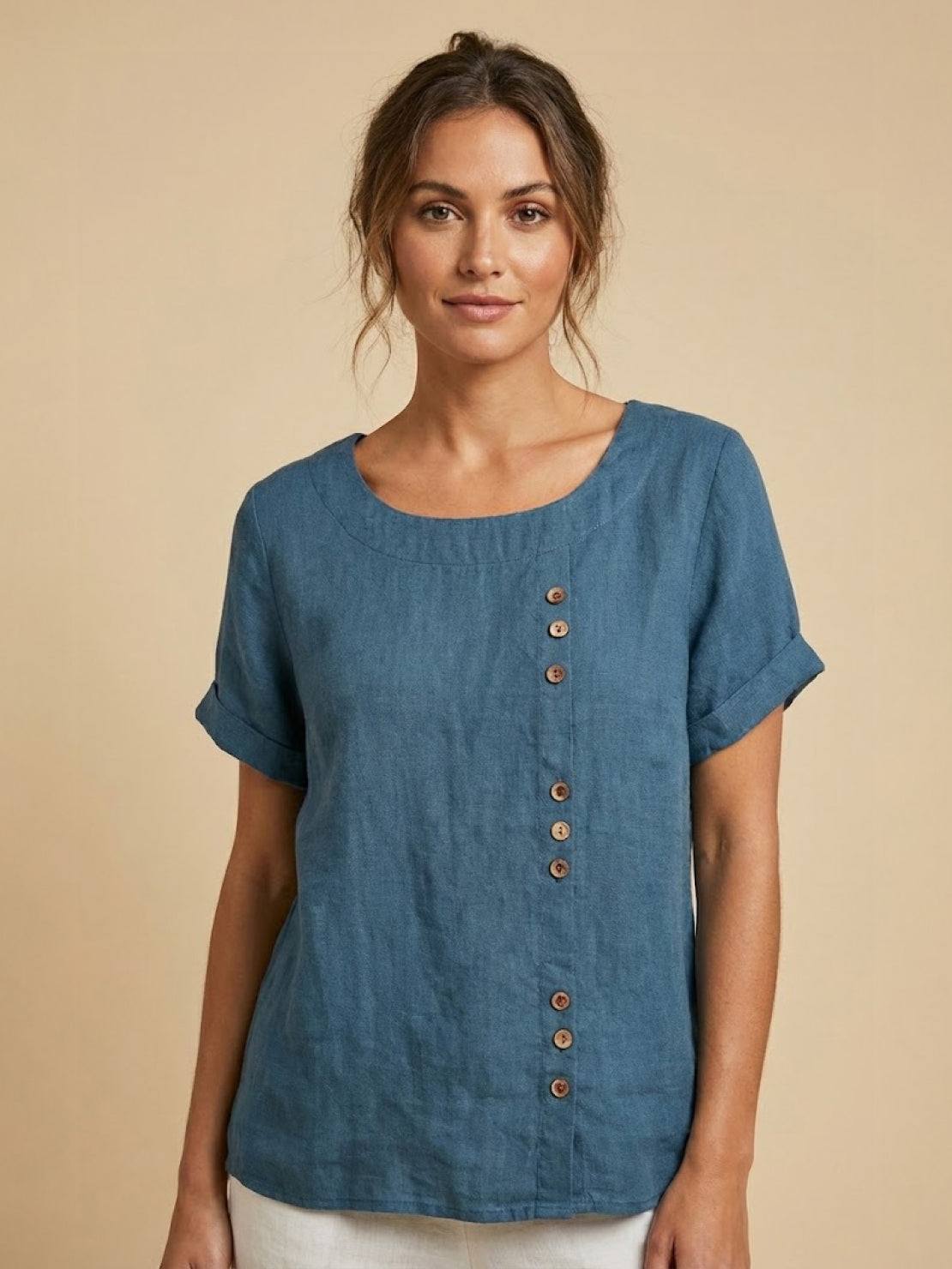 Esme | Women’s Linen Round Neck Button Summer Blouse