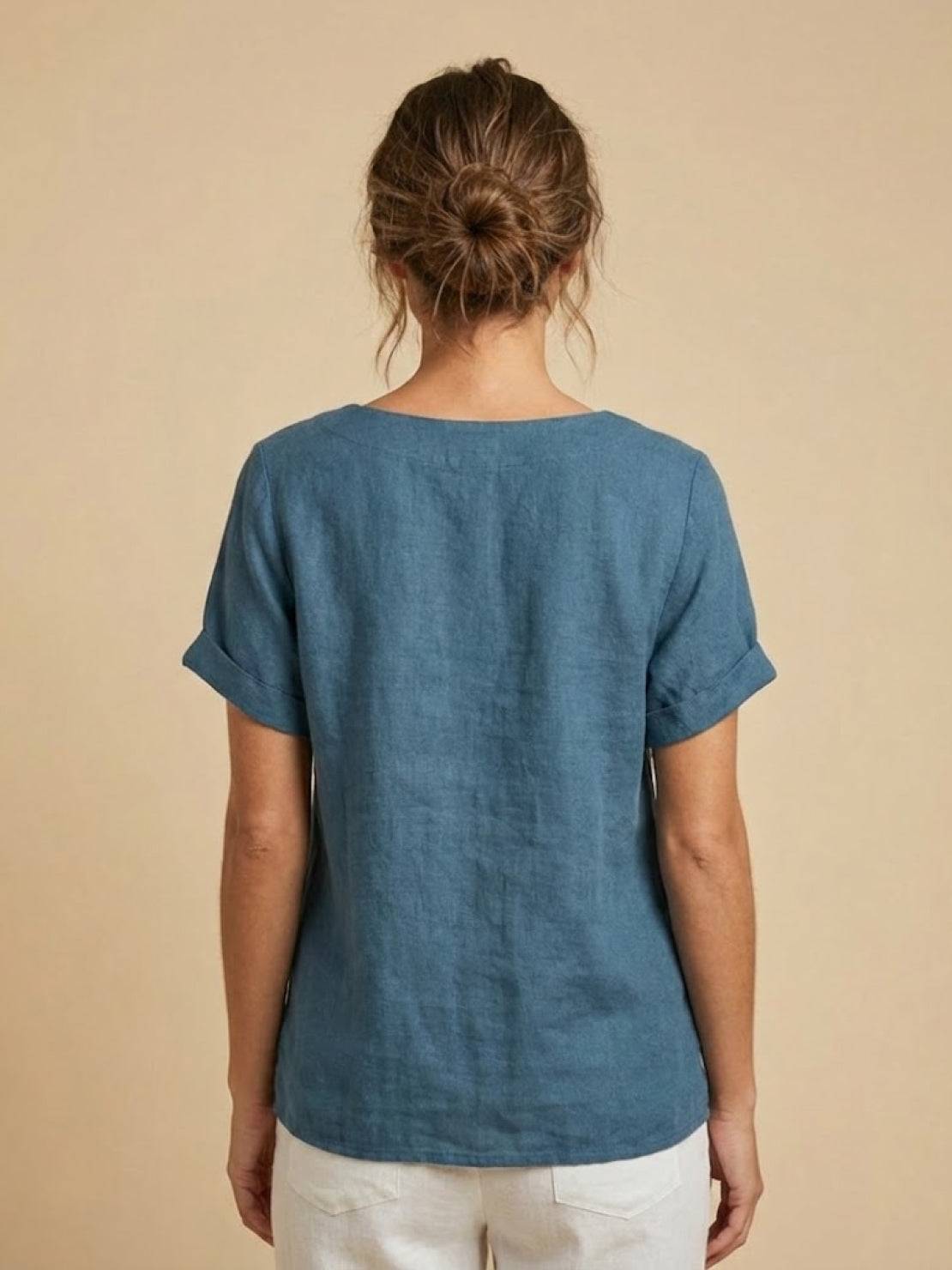 Esme | Women’s Linen Round Neck Button Summer Blouse