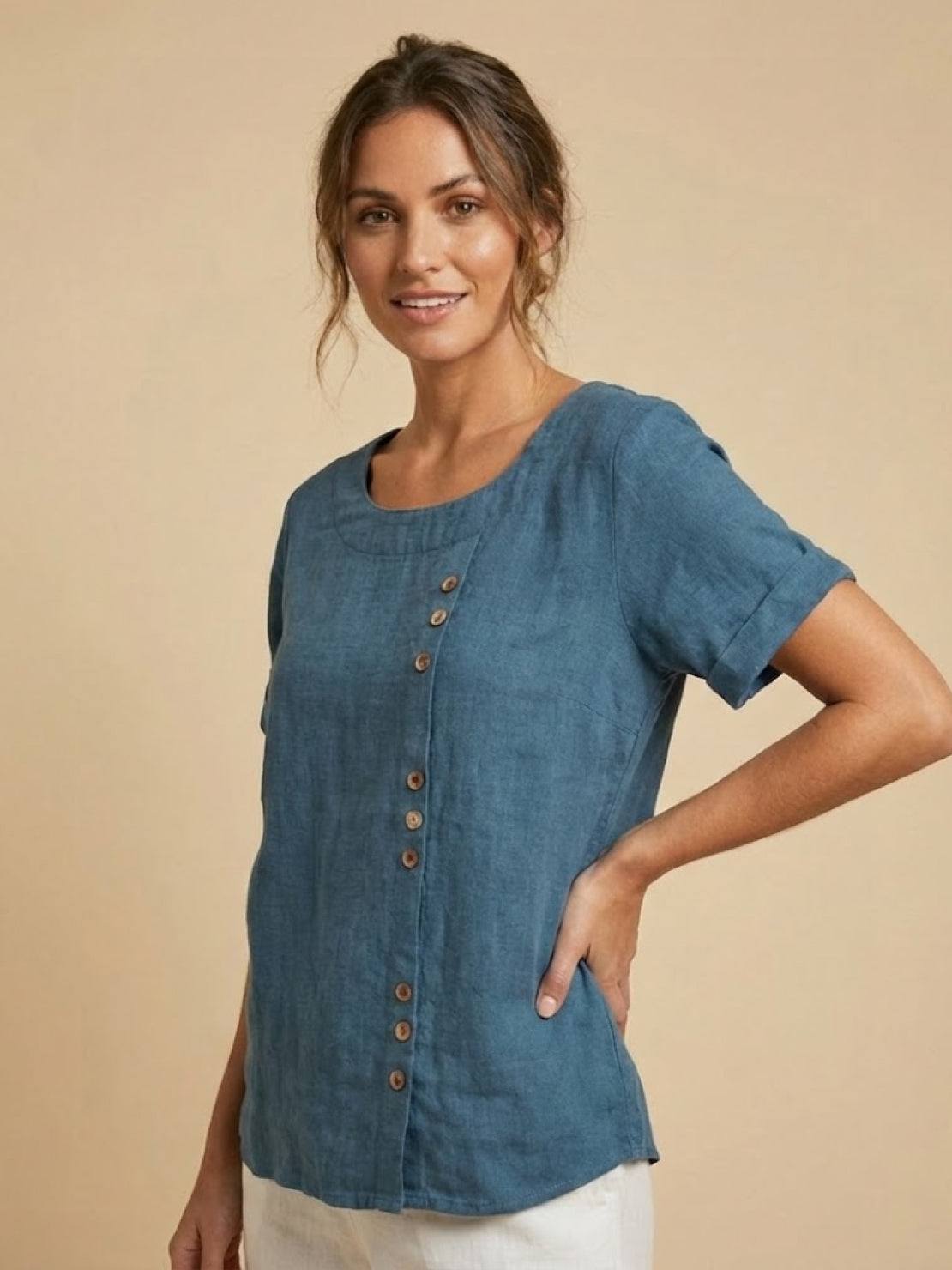 Esme | Women’s Linen Round Neck Button Summer Blouse
