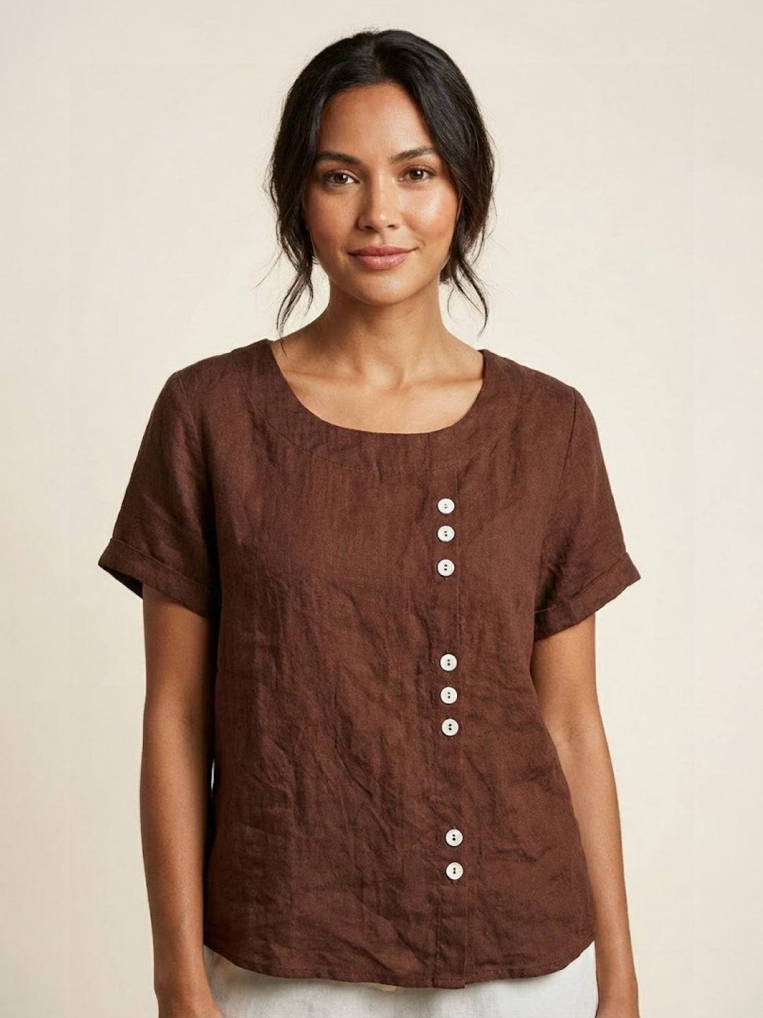 Esme | Women’s Linen Round Neck Button Summer Blouse