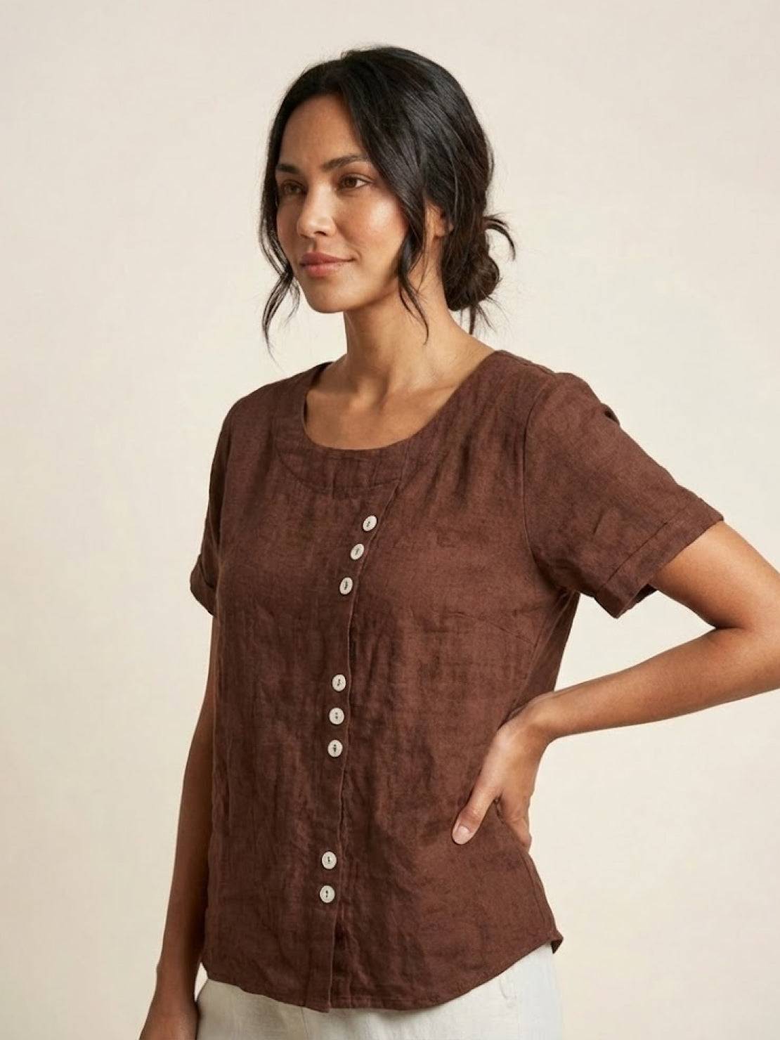 Esme | Women’s Linen Round Neck Button Summer Blouse